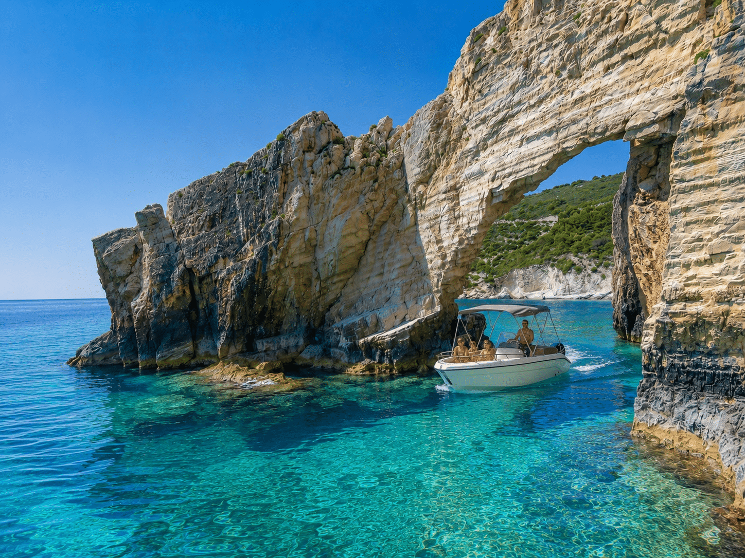 Self-drive rental boat inside the first arch of the Keri Caves, Zakynthos