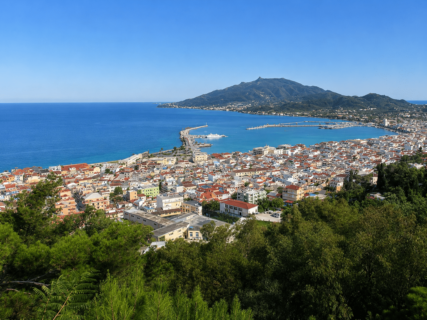 Panoramic view from Bochali hilltop overlooking Zakynthos Town and the Ionian Sea