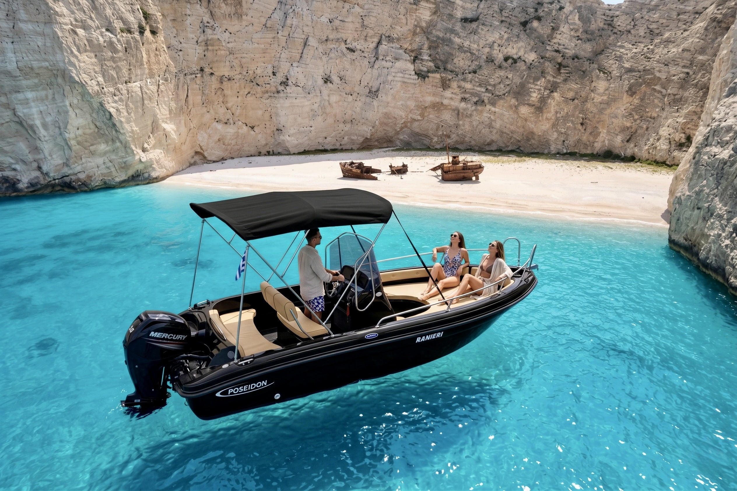 Self-drive boat near the famous Navagio Shipwreck Beach, Zakynthos
