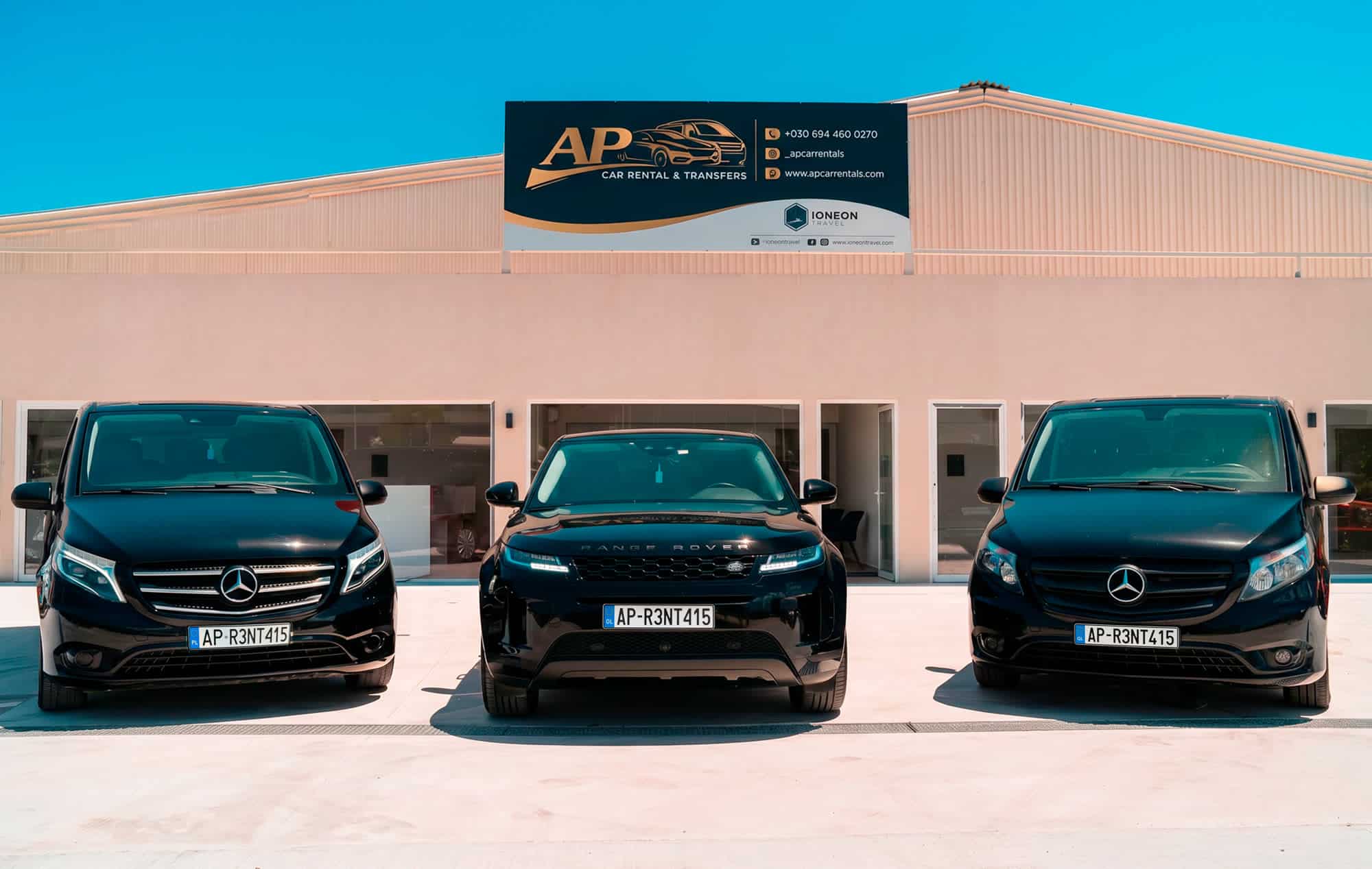 Ioneon Travel transfer fleet — Mercedes minivans and SUV at the Zakynthos office