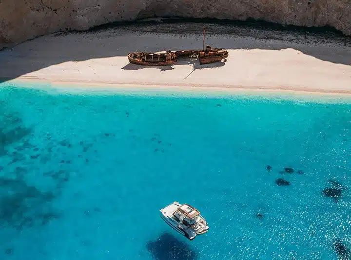 North Zakynthos private catamaran route to Blue Caves and Navagio coast