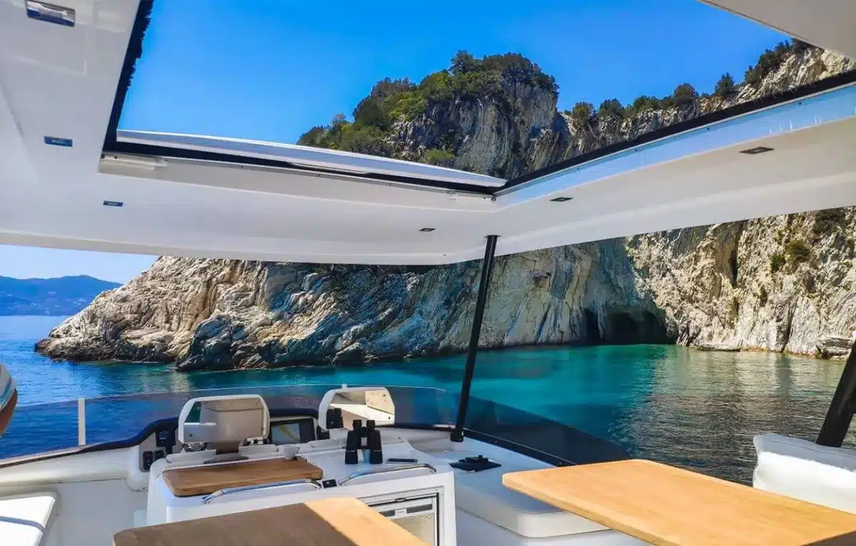 Luxury catamaran deck for private charters in Zakynthos
