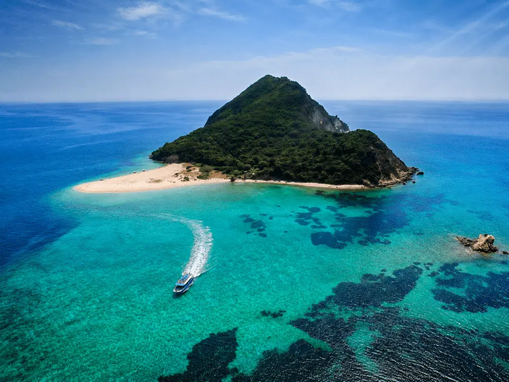 Boat anchored at Marathonisi Turtle Island, Zakynthos Marine Park